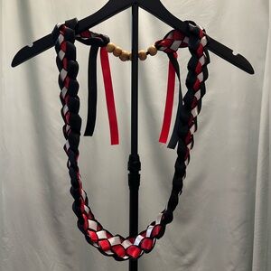 Homemade Elegant Black, Red, White Satin Ribbon Lei with wood bead accent New